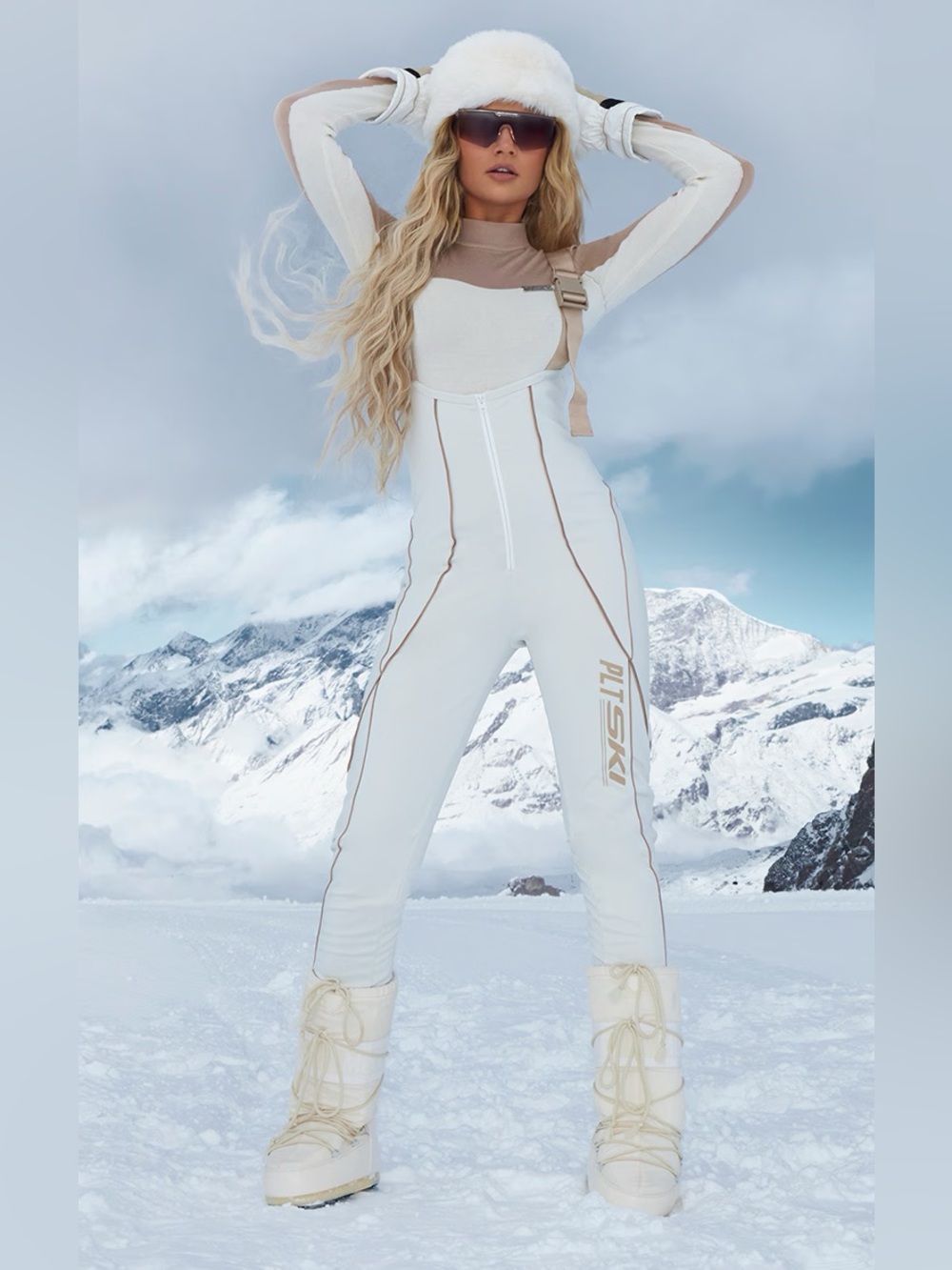 PrettyLittleThing Molly Mae Cream and Bronze Ski Suit/Ski Bib (Size 10)